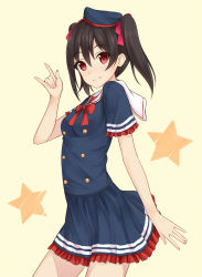 Rule 34 | 10s, 1girl, \m/, black hair, dress, hat, love live!, love live! school idol festival, love live! school idol project, md5 mismatch, red eyes, resolution mismatch, sailor dress, shuuichi, simple background, smile, solo, source smaller, star (symbol), twintails, yazawa nico