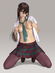 Rule 34 | 10s, 1girl, blue eyes, breasts, breasts out, brown hair, brown thighhighs, evangelion: 3.0 you can (not) redo, female focus, glasses, hair over one eye, hairband, kneeling, long hair, looking at viewer, makinami mari illustrious, medium breasts, necktie, neon genesis evangelion, nipples, no bra, open clothes, plaid, plaid skirt, realistic, rebuild of evangelion, red-framed eyewear, simple background, skirt, smile, solo, thighhighs, watanabe yasuaki
