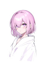 Rule 34 | 1girl, absurdres, bathrobe, blush, breasts, fate/grand order, fate (series), hair over one eye, highres, light purple hair, looking at viewer, mash kyrielight, purple eyes, short hair, simple background, small breasts, solo, spider apple, white background