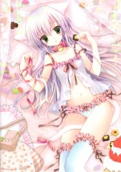 Rule 34 | 1girl, absurdres, animal ears, babydoll, bag, bell, blue eyes, bow, bow panties, cake, candy, cat ears, cat girl, cat tail, chocolate, chocolate heart, collar, cookie, dengeki moeou, detexted, female focus, food, fruit, green eyes, groin, handbag, heart, highres, holding, lingerie, long hair, lying, navel, neck bell, on back, panties, ribbon, scan, shirogane hina, silver hair, solo, strawberry, tail, thighhighs, third-party edit, underwear, white panties, white thighhighs