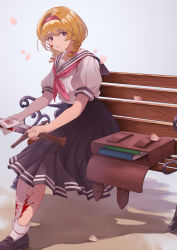 Rule 34 | 1girl, absurdres, alternate costume, ankle socks, bag, blonde hair, blood, blood on face, blood on leg, bloody weapon, braid, braided ponytail, cleaning, cleaning weapon, djeeta (granblue fantasy), falling petals, granblue fantasy, hair intakes, hair ornament, hair ribbon, hairband, highres, looking at viewer, nyapanu, on bench, parted lips, petals, purple eyes, ribbon, school bag, school uniform, serafuku, short hair, simple background, sitting, socks, solo, sword, twintails, weapon, white background