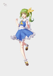 Rule 34 | 1girl, absurdres, ascot, black footwear, blue skirt, blue vest, blush, bobby socks, bow, chinese commentary, clenched hands, commentary request, daiyousei, frilled shirt collar, frills, green eyes, green hair, grey background, hair between eyes, hair ribbon, hands up, heida zhu, highres, long hair, looking at viewer, miniskirt, no wings, open mouth, petticoat, pointy ears, puffy short sleeves, puffy sleeves, ribbon, shirt, shoes, short sleeves, side ponytail, sidelocks, simple background, skirt, skirt set, socks, solo, touhou, vest, white shirt, white socks, yellow ascot, yellow bow, yellow ribbon
