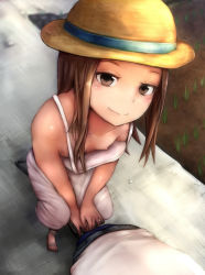 Rule 34 | 10s, 1boy, 1girl, arm support, artist request, bicycle, blush, breasts, brown eyes, brown hair, downblouse, dress, from above, hat, highres, karakai jouzu no takagi-san, long hair, looking at viewer, matching hair/eyes, nipple slip, nipples, nishikata, no bra, sandals, shoes, sitting, small breasts, smile, solo focus, straw hat, sun hat, takagi-san, white dress