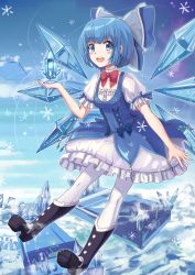 Rule 34 | 1girl, adapted costume, alternate costume, blue dress, blue eyes, blue hair, bow, cirno, dress, fairy wings, hair bow, highres, huanghyy, ice, ice wings, matching hair/eyes, open mouth, puffy sleeves, short hair, solo, touhou, wings