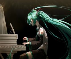 Rule 34 | 1girl, aqua hair, aqua necktie, bare shoulders, black background, black skirt, black sleeves, black thighhighs, commentary, detached sleeves, closed eyes, floating hair, from side, grey shirt, hair ornament, hatsune miku, highres, instrument, jokujok1519, long hair, miniskirt, music, necktie, open mouth, playing instrument, playing piano, pleated skirt, sheet music, shirt, shoulder tattoo, sitting, skinny, skirt, sleeveless, sleeveless shirt, solo, tattoo, thighhighs, twintails, very long hair, vocaloid