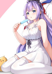 Rule 34 | 1girl, :o, :q, absurdres, animal, azur lane, bare arms, bare shoulders, bird, black ribbon, blush, breasts, chick, cleavage, collarbone, commentary request, dress, food, hair ribbon, highres, holding, holding food, long hair, looking at viewer, manjuu (azur lane), medium breasts, moyoron, official alternate costume, open mouth, parted lips, pink background, pleated dress, popsicle, purple eyes, purple hair, ribbon, sitting, sleeveless, sleeveless dress, smile, solo, thighhighs, tongue, tongue out, two-tone background, unicorn (azur lane), unicorn (icy-sweet storytime) (azur lane), very long hair, wariza, white background, white dress, white thighhighs