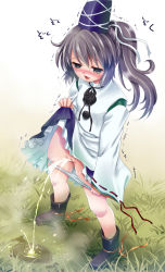 Rule 34 | 1girl, blue hat, blush, boots, clothes lift, dress, grass, green eyes, grey hair, hair ribbon, hat, long hair, long sleeves, looking down, mononobe no futo, motatei, neck ribbon, open mouth, panties, panty pull, pee, peeing, ponytail, puddle, pussy, ribbon, ribbon-trimmed sleeves, ribbon trim, skirt, skirt lift, solo, spread legs, standing, steam, sweat, tate eboshi, thighs, tongue, touhou, trembling, uncensored, underwear, white dress, white panties