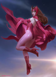 Rule 34 | 1girl, ass, bodysuit, boots, breasts, brown hair, cape, character name, elbow gloves, flying, full body, gloves, green eyes, headgear, high heel boots, high heels, kilart, leotard, lips, long hair, looking at viewer, looking back, marvel, pantyhose, pink gloves, pink pantyhose, realistic, red leotard, scarlet witch, sky, solo, sun, wanda maximoff