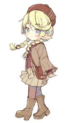 Rule 34 | 1girl, bag, blonde hair, blue eyes, blush, boots, braid, brown footwear, brown hat, brown jacket, brown pantyhose, brown shirt, brown skirt, closed mouth, commentary request, copyright request, full body, hat, jacket, knee boots, long hair, long sleeves, looking at viewer, looking to the side, low twintails, meito (maze), pantyhose, pleated skirt, pointy ears, shirt, shoulder bag, simple background, sketch, skirt, smile, solo, standing, twin braids, twintails, white background, wide sleeves