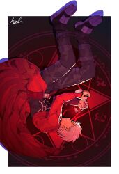 Rule 34 | 1boy, abs, archer (fate), black footwear, black pants, black shirt, closed eyes, coat, fate/stay night, fate (series), hal (haaaalhal), highres, holding, holding jewelry, holding necklace, jewelry, long sleeves, lying, magic circle, male focus, necklace, on side, pants, parted lips, red coat, shirt, signature, steel-toe boots, white shirt
