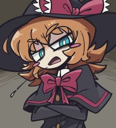Rule 34 | 1girl, amerika zarigani, bags under eyes, black capelet, black gloves, black hat, black vest, blue eyes, blush stickers, bow, bowtie, bright pupils, brown background, buttons, capelet, commentary request, cookie (touhou), crossed arms, elbow gloves, flat chest, gloves, hat, hat bow, highres, kirisame marisa, looking at viewer, meguru (cookie), open mouth, red bow, red bowtie, short hair, solo, spitting, touhou, upper body, v-shaped eyebrows, vest, white pupils, witch hat