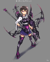 Rule 34 | 10s, 1girl, alternate eye color, alternate weapon, armor, armored boots, arrow (projectile), artist name, black hair, boots, bow (weapon), gauntlets, gia, greaves, grey background, grey thighhighs, highres, japanese clothes, kaga (kancolle), kantai collection, muneate, purple eyes, quiver, short hair, short ponytail, side ponytail, solo, standing, thigh boots, thighhighs, weapon
