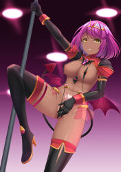 Rule 34 | 1girl, :d, absurdres, black footwear, black gloves, boots, breasts, commission, core crystal (xenoblade), corruption, covered erect nipples, dark-skinned female, dark persona, dark skin, demon tail, demon wings, elbow gloves, gloves, grin, high heel boots, high heels, highres, large breasts, looking at viewer, medium breasts, mind control, open mouth, pink hair, pole dancing, pubic tattoo, pyra (xenoblade), raven genesis, revealing clothes, singlet, smile, solo, tail, tattoo, teeth, thigh boots, wings, xenoblade chronicles (series), xenoblade chronicles 2, yellow eyes