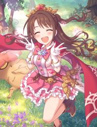 Rule 34 | 10s, 1girl, :d, ^ ^, ankle boots, boots, cape, closed eyes, crossover, double v, dress, flower, granblue fantasy, grass, happy, idolmaster, idolmaster cinderella girls, official art, open mouth, outdoors, pink dress, plant, sheath, sheathed, shimamura uzuki, smile, solo, sparkle, standing, sunlight, sword, tree, v, wavy hair, weapon