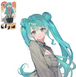 Rule 34 | 1girl, absurdres, blue eyes, blue hair, blush, double bun, dress, grey dress, hair bun, hatsune miku, highres, ichisaku, jewelry, long hair, looking at viewer, necklace, reference inset, smile, solo, twintails, vocaloid