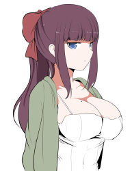 Rule 34 | 1girl, bad id, bad pixiv id, blue eyes, breasts, cleavage, hair ribbon, highres, jacket, large breasts, looking at viewer, mole, mole on breast, new game!, open mouth, ponytail, purple hair, reva (seung-kwon lee), ribbon, shadow, simple background, takimoto hifumi, white background
