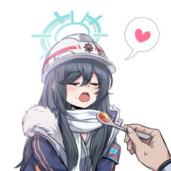 Rule 34 | 1boy, 1girl, absurdres, blue archive, blue jacket, closed eyes, commentary request, food, food on face, grey hair, halo, hard hat, heart, helmet, highres, jacket, korean commentary, minori (blue archive), open mouth, out of frame, pudding, sensei (blue archive), simple background, spoken heart, spoon, white background, white helmet, wnsgur6686
