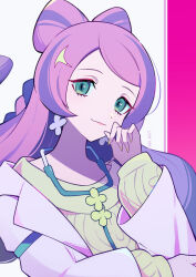Rule 34 | 1girl, closed mouth, coat, commentary request, creatures (company), earrings, eyeshadow, game freak, green eyes, hand up, head tilt, highres, jewelry, long hair, long sleeves, looking at viewer, makeup, miriam (pokemon), nail polish, nintendo, pink eyeshadow, pokemon, pokemon sv, purple hair, sasa kado (redbluemoon74), smile, solo, sweater, upper body, yellow nails, yellow sweater