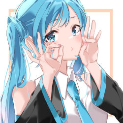 Rule 34 | 1girl, anko 12300, aqua eyes, aqua hair, aqua necktie, bare shoulders, blush, closed mouth, collared shirt, commentary request, detached sleeves, double ok sign, dress shirt, hatsune miku, long hair, looking at viewer, necktie, ok sign, orange outline, portrait, shirt, sleeveless, sleeveless shirt, solo, twintails, vocaloid, white background, white shirt