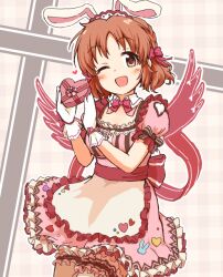 Rule 34 | 1girl, @ @, abe nana, animal ears, bow, bowtie, box, braid, breasts, brown eyes, brown hair, cowboy shot, dress, frills, gloves, heart, heart-shaped box, hemoglosso, holding, idolmaster, idolmaster cinderella girls, looking at viewer, medium breasts, medium hair, one eye closed, pink bow, pink bowtie, pink dress, rabbit ears, short sleeves, smile, solo, standing, thighhighs, valentine, white gloves, white thighhighs, wings
