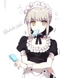 Rule 34 | 1girl, artoria pendragon (all), artoria pendragon (fate), bad id, bad pixiv id, blonde hair, braid, fate/stay night, fate (series), food, french braid, goth fashion, gothic lolita, hairband, ichinose yukino, lolita fashion, lolita hairband, looking at viewer, melting, mouth hold, official alternate costume, popsicle, saber (fate), saber alter, solo, twitter username, upper body, yellow eyes