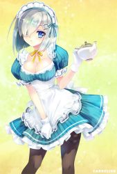 Rule 34 | 1girl, alternate costume, apron, bad id, bad twitter id, blue eyes, blush, breasts, carnelian, cleavage, cowboy shot, enmaided, gloves, hair ornament, hair over one eye, hairclip, hamakaze (kancolle), kantai collection, large breasts, looking at viewer, maid, maid apron, maid headdress, pantyhose, puffy short sleeves, puffy sleeves, short hair, short sleeves, silver hair, solo, white gloves, yellow neckwear