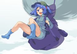 Rule 34 | 1girl, backpack, bad id, bad twitter id, bag, blue eyes, blue footwear, blue hair, boots, convenient leg, flying, full body, gradient background, hair bobbles, hair ornament, hasebe yuusaku, hat, kawashiro nitori, long sleeves, looking at viewer, matching hair/eyes, open mouth, round teeth, rubber boots, shirt, skirt, skirt set, smile, solo, teeth, touhou, twintails, two side up