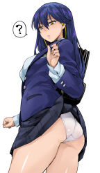 1girl black_hair black_skirt blazer blue_hair commentary_request gundam gundam_gquuuuuux hair_between_eyes highres jacket long_hair long_sleeves looking_at_viewer miniskirt nyaan_(gundam_gquuuuuux) panties pantyshot pleated_skirt school_uniform skirt solo takurou thighs underwear white_background yellow_eyes