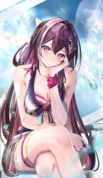 Rule 34 | 1girl, absurdres, azki (hololive), bare shoulders, black hair, blush, breasts, cleavage, closed mouth, collarbone, colored inner hair, commentary request, hair between eyes, hair ornament, highres, hololive, hololive summer 2023 swimsuit, long hair, looking at viewer, medium breasts, multicolored hair, pink hair, purple eyes, smile, solo, streaked hair, swimsuit, thighs, virtual youtuber, white hair, yuki haru
