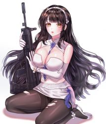 Rule 34 | 1girl, assault rifle, bad id, bad pixiv id, between breasts, black hair, black pantyhose, blcackup, blunt bangs, blush, breasts, brown pantyhose, bullpup, flower, girls&#039; frontline, gloves, gun, hair flower, hair ornament, hairband, highres, holding, holding weapon, large breasts, long hair, looking at viewer, navel, open mouth, pantyhose, qbz-95, revision, rifle, shoes, simple background, sitting, skirt, solo, torn clothes, torn pantyhose, type 95 (girls&#039; frontline), very long hair, weapon, white background, white gloves, white hairband, white skirt, yellow eyes