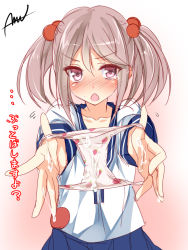 Rule 34 | 10s, 1girl, artist name, blush, chestnut mouth, condensed milk, cum, cum in clothes, cum in panties, food print, hair bobbles, hair ornament, holding, holding clothes, holding panties, holding underwear, kantai collection, looking at viewer, mtu (orewamuzituda), open mouth, outstretched arms, panties, unworn panties, pink hair, pink panties, presenting removed panties, print panties, sazanami (kancolle), school uniform, serafuku, short hair, solo, strawberry panties, strawberry print, suggestive fluid, tears, translated, twintails, underwear