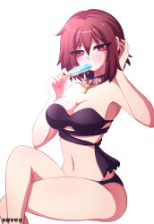 Rule 34 | 1girl, alternate costume, artist name, bikini, black bikini, blush, breasts, brown hair, chain, collar, female frisk (undertale), food, frisk (undertale), highres, holding, holding food, holding ice cream, ice cream, large breasts, looking at viewer, midriff, navel, nuvex, popsicle, red eyes, short hair, sitting, solo, spiked collar, spikes, swimsuit, thighs, underfell, undertale, white background