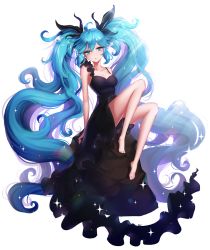 Rule 34 | 1girl, :o, absurdly long hair, ahoge, ango, ankkoyom, arms at sides, bad id, bad pixiv id, bare shoulders, barefoot, black dress, black ribbon, blue eyes, blue hair, breasts, cleavage, crying, crying with eyes open, dress, expressionless, full body, glint, hair ribbon, hatsune miku, highres, knees up, long hair, looking at viewer, matching hair/eyes, parted lips, ribbon, rock, shinkai shoujo (vocaloid), simple background, sitting, sitting on rock, sleeveless, sleeveless dress, solo, tears, twintails, very long hair, vocaloid, white background
