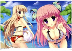 Rule 34 | 2girls, artist request, ass, ball, beach, bikini, blonde hair, bracelet, breasts, character request, cloud, copyright request, female focus, hair ornament, hair ribbon, jewelry, large breasts, long hair, multiple girls, nature, ocean, outdoors, pink hair, plant, purple eyes, ribbon, side-tie bikini bottom, sky, source request, swimsuit
