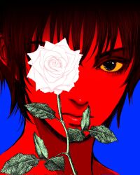 Rule 34 | 1girl, berserk, blue background, casca (berserk), closed mouth, colored sclera, colored skin, corrupted twitter file, covering one eye, flower, hair between eyes, highres, limited palette, looking at viewer, nisino2222, portrait, red skin, rose, short hair, solo, white flower, white rose, yellow sclera