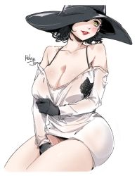 Rule 34 | 1girl, alcina dimitrescu, bare shoulders, black flower, black gloves, black hair, black rose, blush, breasts, cleavage, corsage, dress, flower, gloves, hat, highres, large breasts, off shoulder, one eye covered, parted lips, relaxjon, resident evil, resident evil village, rose, short dress, sitting, sun hat, thick thighs, thighs, white background, white dress, yellow eyes