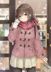 Rule 34 | 1girl, bag, black pantyhose, blue eyes, blurry, blurry background, brown hair, closed mouth, commentary request, depth of field, grey skirt, hair between eyes, highres, holding, holding bag, jacket, long sleeves, looking at viewer, miko fly, open door, original, pantyhose, paper bag, pink jacket, pleated skirt, shopping bag, signature, skirt, sleeves past wrists, smile, solo, sweater, white sweater