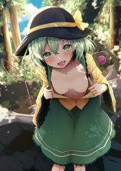 Rule 34 | 1girl, :d, absurdres, blush, breasts, feet out of frame, green eyes, green hair, green skirt, hair between eyes, hat, heart, heart of string, highres, kamunika, komeiji koishi, leaning forward, long sleeves, looking at viewer, lower teeth only, medium breasts, nipples, open clothes, open mouth, open shirt, outdoors, shirt, skirt, smile, solo, teeth, textless version, third eye, touhou, wide sleeves, yellow shirt