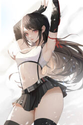 Rule 34 | 1girl, arm ribbon, armpits, arms behind head, arms up, belt, black gloves, black hair, black skirt, black sports bra, black thighhighs, breasts, cleavage, closed mouth, commentary, cowboy shot, crop top, elbow gloves, final fantasy, final fantasy vii, final fantasy vii remake, fingerless gloves, gloves, highres, light smile, long hair, medium breasts, midriff, miniskirt, navel, neo (neorarty3), pleated skirt, red eyes, red ribbon, ribbon, skirt, solo, sports bra, suspender skirt, suspenders, swept bangs, tank top, thighhighs, thighs, tifa lockhart, very long hair, white tank top, zettai ryouiki