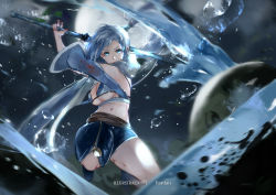 Rule 34 | 1girl, absurdres, artist name, blue bra, blue eyes, blue hair, blue shorts, bra, breasts, character name, character request, detached sleeves, highres, holding, holding weapon, large breasts, long hair, looking at viewer, navel, shorts, solo, tower of saviors, underwear, vardan, very long hair, water, water drop, weapon, wide sleeves