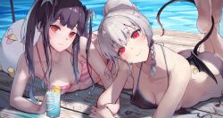 Rule 34 | 2girls, absurdres, barefoot, bikini, black bikini, black hair, blue archive, braid, breasts, cleavage, closed mouth, cup, demon horns, demon wings, fuuka (blue archive), grey hair, hair bun, haruna (blue archive), head rest, highres, holding, holding cup, holding hands, horns, long hair, looking at viewer, lying, medium breasts, multiple girls, navel, on stomach, pink bikini, raised eyebrows, red eyes, ryusuke (wcmn2774), side braid, single wing, small breasts, smile, striped bikini, striped clothes, swimsuit, twintails, wings