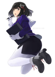 Rule 34 | 1girl, ass, black hair, black skirt, blush, brown eyes, full body, gloves, haguro (kancolle), hair ornament, holding, holding pen, jacket, juliet sleeves, kantai collection, long sleeves, open mouth, pantyhose, pen, puffy sleeves, purple jacket, short hair, simple background, skirt, solo, tomoyo kai, twitter username, white background, white gloves, white pantyhose