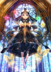 Rule 34 | 1girl, aqua eyes, aritoki ritsu, barefoot, bug, butterfly, cross, crystal, dress, floating, hat, highres, bug, jewelry, long hair, necklace, original, parted lips, priestess, silver hair, skirt, solo, stained glass, twintails, very long hair, window