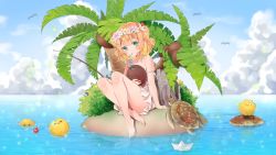 Rule 34 | 1girl, agnamore, animal, bad id, bad pixiv id, bare arms, bare legs, bare shoulders, barefoot, bird, blonde hair, blue sky, blush, brown hair, bush, cloud, cloudy sky, coconut, collarbone, crazy straw, day, dress, drinking straw, fishing line, fishing rod, flower, flower wreath, fruit cup, green eyes, head wreath, holding, horizon, island, long hair, looking at viewer, multicolored hair, ocean, original, outdoors, palm tree, pink flower, sitting, sky, solo, strap slip, tree, turtleneck, two-tone hair, water, white dress, white flower