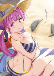 Rule 34 | 1girl, absurdres, ass, beach, beach towel, bikini, blue bikini, blue hair, blue ribbon, blush, braid, breasts, butt crack, colored inner hair, drill hair, french braid, from above, from behind, full body, hair ribbon, halterneck, hat, highres, hololive, kneeling, komasi, large breasts, long hair, looking at viewer, minato aqua, minato aqua (hololive summer 2019), multicolored hair, open mouth, purple eyes, purple hair, ribbon, sitting, smile, solo, straw hat, string bikini, striped bikini, striped clothes, swimsuit, towel, twin braids, twin drills, twintails, two-tone hair, untied bikini, virtual youtuber, wariza