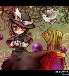 Rule 34 | 1girl, bird, brown eyes, brown hair, capelet, chair, cosplay, dr.latency&#039;s freak report, english text, glasses, hat, hat ribbon, heterochromia, letterboxed, long sleeves, pigeon, pote (ptkan), red-framed eyewear, ribbon, shirt, skirt, smile, solo, touhou, usami renko, usami renko (cosplay), usami sumireko