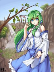 Rule 34 | 1girl, ahoge, blue eyes, blue skirt, blue sky, closed mouth, commentary, detached sleeves, frog hair ornament, green hair, greenapple (g apple0511), hair ornament, hair tubes, hand in own hair, highres, kochiya sanae, korean commentary, long hair, looking at viewer, outdoors, shirt, signature, skirt, sky, smile, solo, torii, touhou, tree, water, waterfall, white shirt, wide sleeves