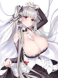 Rule 34 | 1girl, azur lane, bad id, bad pixiv id, between breasts, blush, breasts, cleavage, dress, formidable (azur lane), frilled dress, frills, grey hair, highres, huge breasts, large breasts, long hair, long sleeves, melo (meromero), red eyes, ribbon, solo, twintails, two-tone dress, two-tone ribbon, very long hair