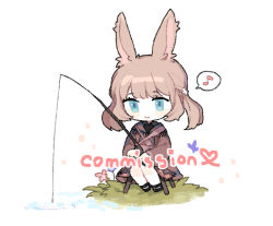 Rule 34 | 1girl, animal ears, black footwear, black sailor collar, black shirt, blue eyes, blush stickers, brown hair, brown jacket, bug, butterfly, chibi, closed mouth, commission, eighth note, fishing, fishing line, fishing rod, flower, full body, heart, holding, holding fishing rod, insect, jacket, moffle (ayabi), musical note, original, pink flower, purple flower, rabbit ears, ripples, sailor collar, shirt, shoes, sidelocks, sitting, smile, solo, spoken musical note, twintails, water, white background