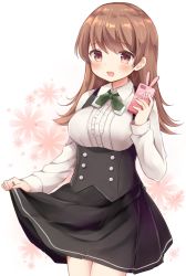 Rule 34 | 10s, 1girl, bad id, bad twitter id, black skirt, breasts, brown eyes, brown hair, cellphone, collar, corset, dress, floral background, highres, kantai collection, long hair, long sleeves, masayo (gin no ame), matching hair/eyes, medium breasts, meme attire, ooi (kancolle), open mouth, phone, pinafore dress, skirt, sleeveless dress, smartphone, solo, virgin killer outfit, white background
